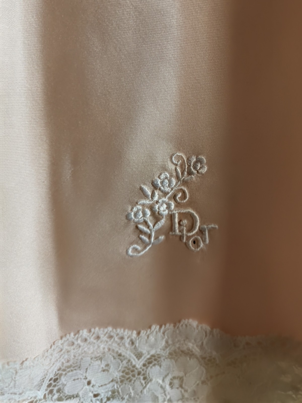 Vintage 80s Monogrammed CHRISTIAN DIOR BLUSH PINK SATIN NYLON Lace Slip 27″