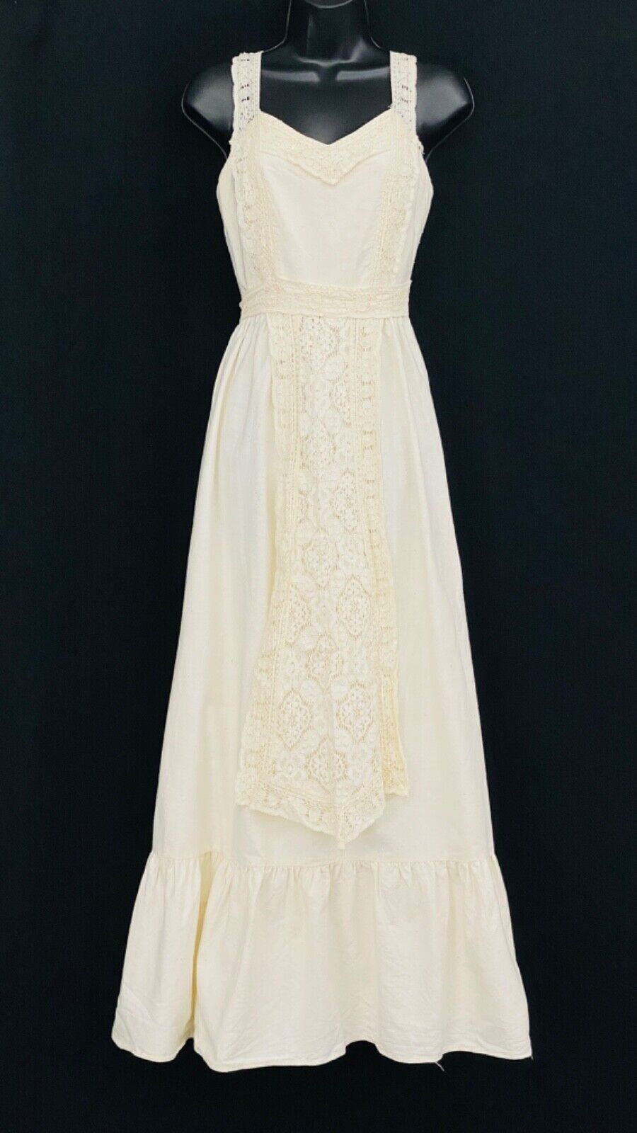 Vintage 1970s ivory white cotton maxi dress boho lace Gunne Sax style wedding XS
