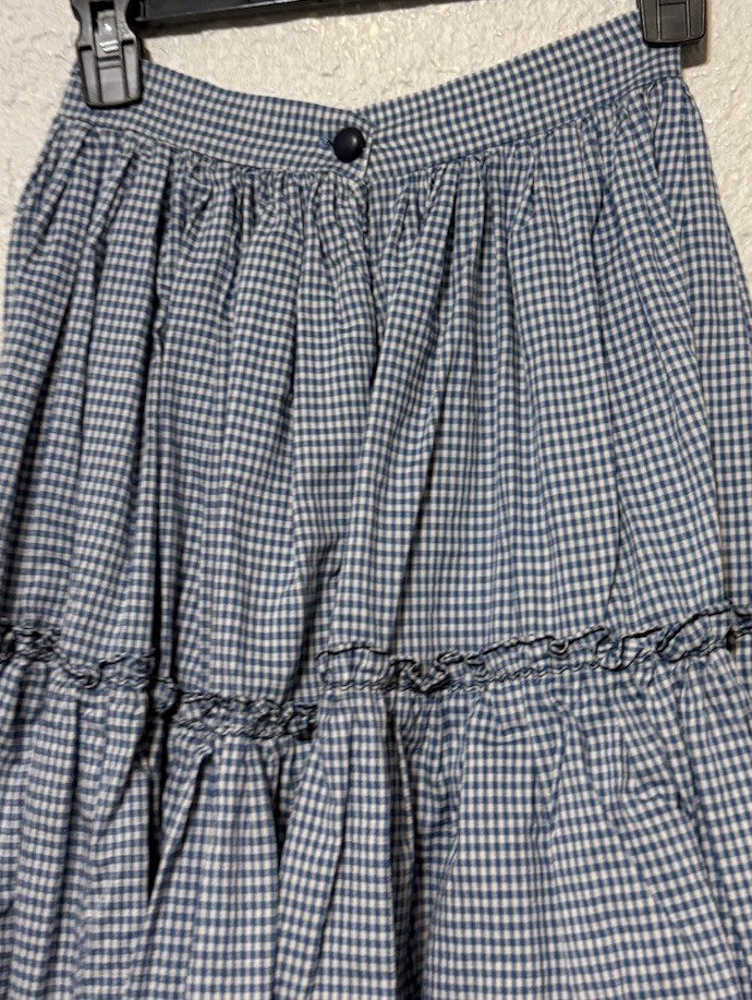Vintage 70s Hand Crafted Blue Gingham Cotton Tiered Midi Boho Skirt 22” W, 25” L
