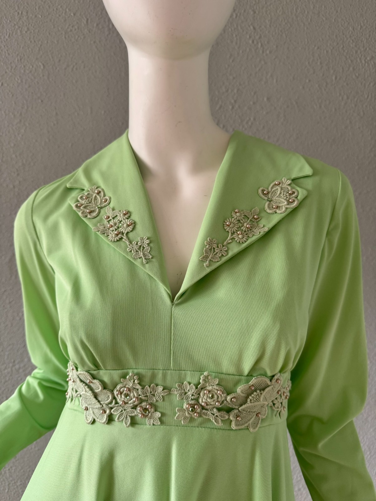 Vintage 60s Melon Green Long Sleeve Hostess Maxi Dress XS/S