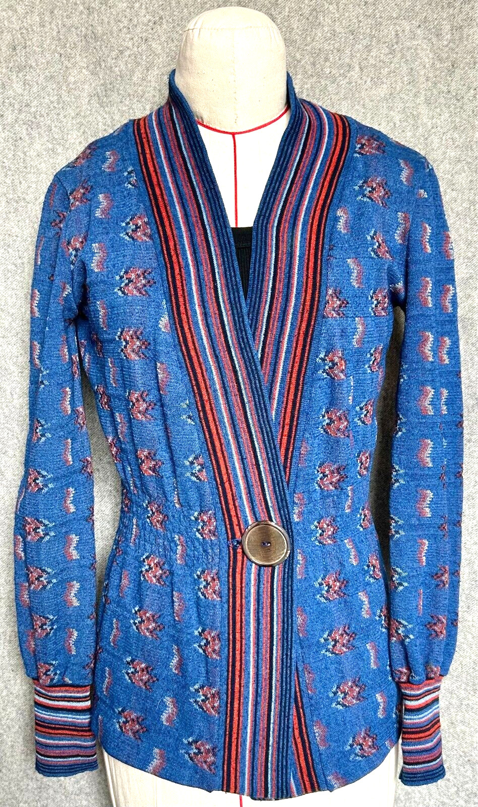 Vintage The Red Eye Sweater Cardigan Size Small Royal Blue 1960s-1970s Boho