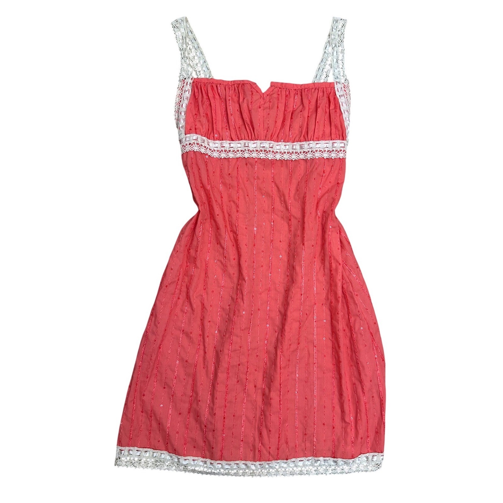 Handmade Vintage Coral Pink Lace Trim Sequin Cottagecore Mini Dress XS preppy