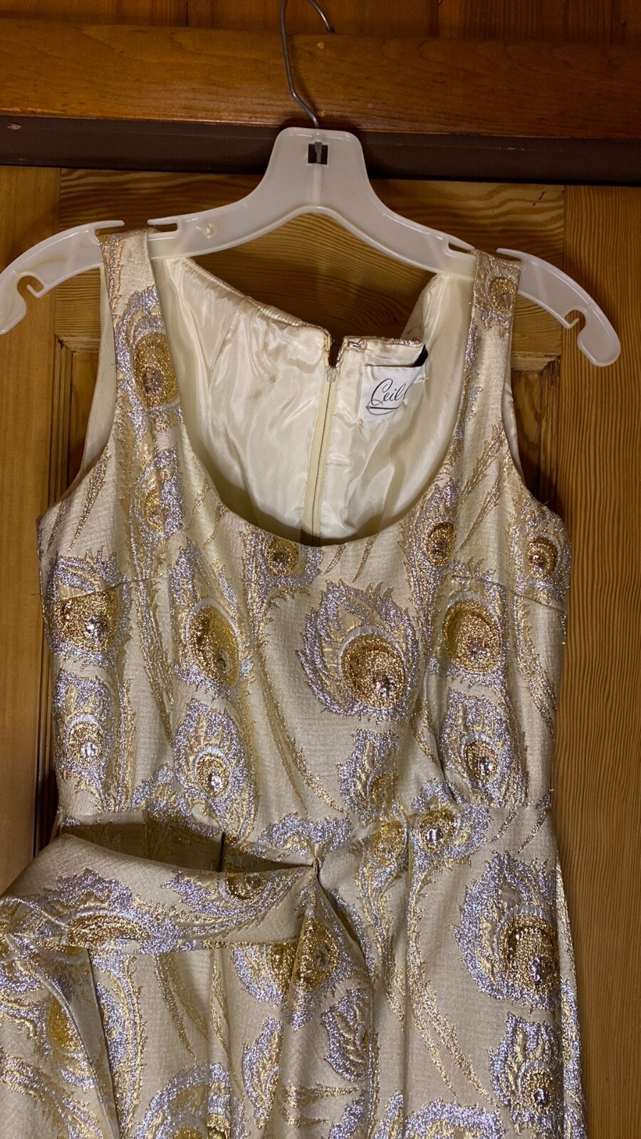 Vintage Ceil Chapman Sleeveless Ball Gown, metallic brocade peacock, sz 4