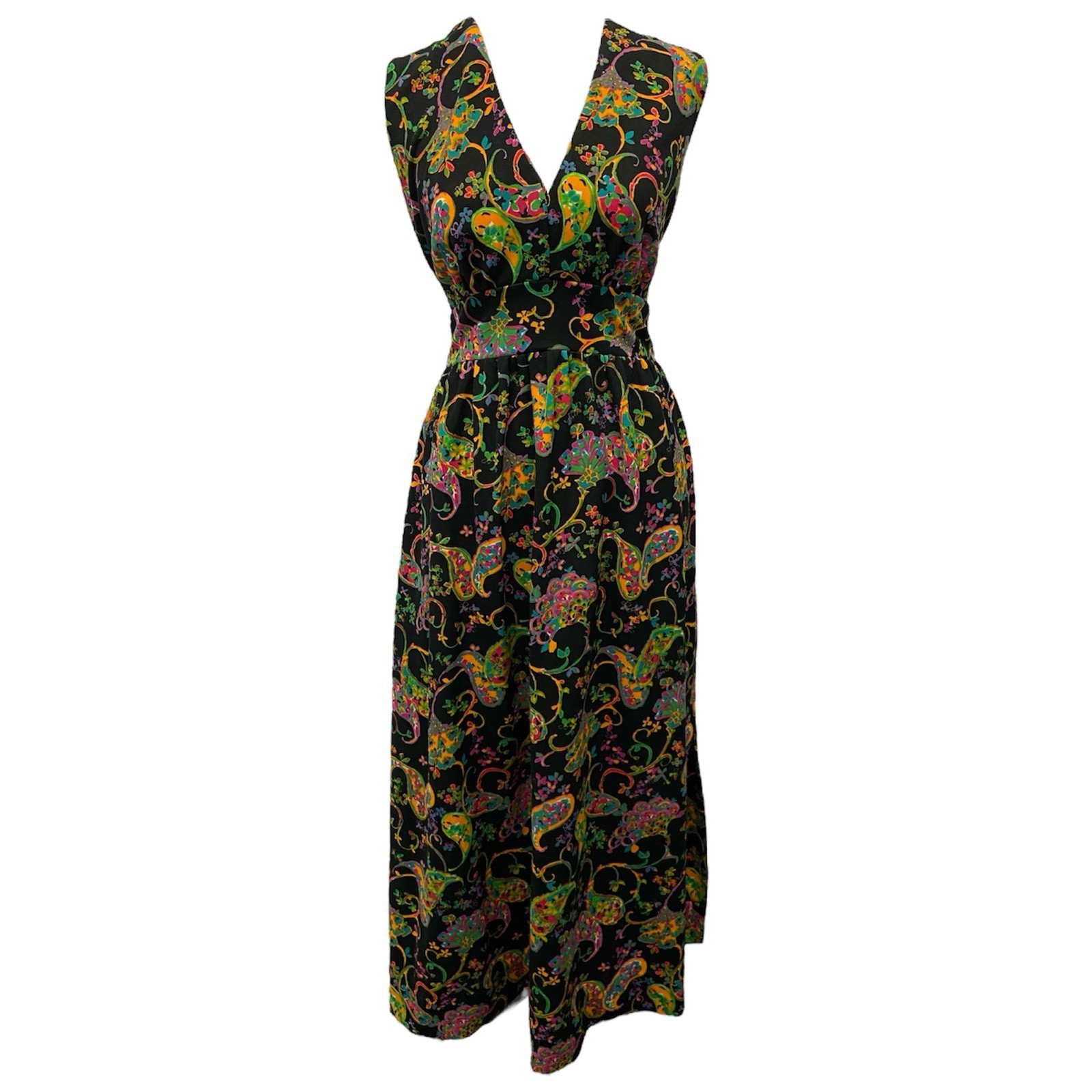 VTG 60s Giusti San Juan Black Multi Paisley Floral A-Line Maxi Dress Women’s M/L