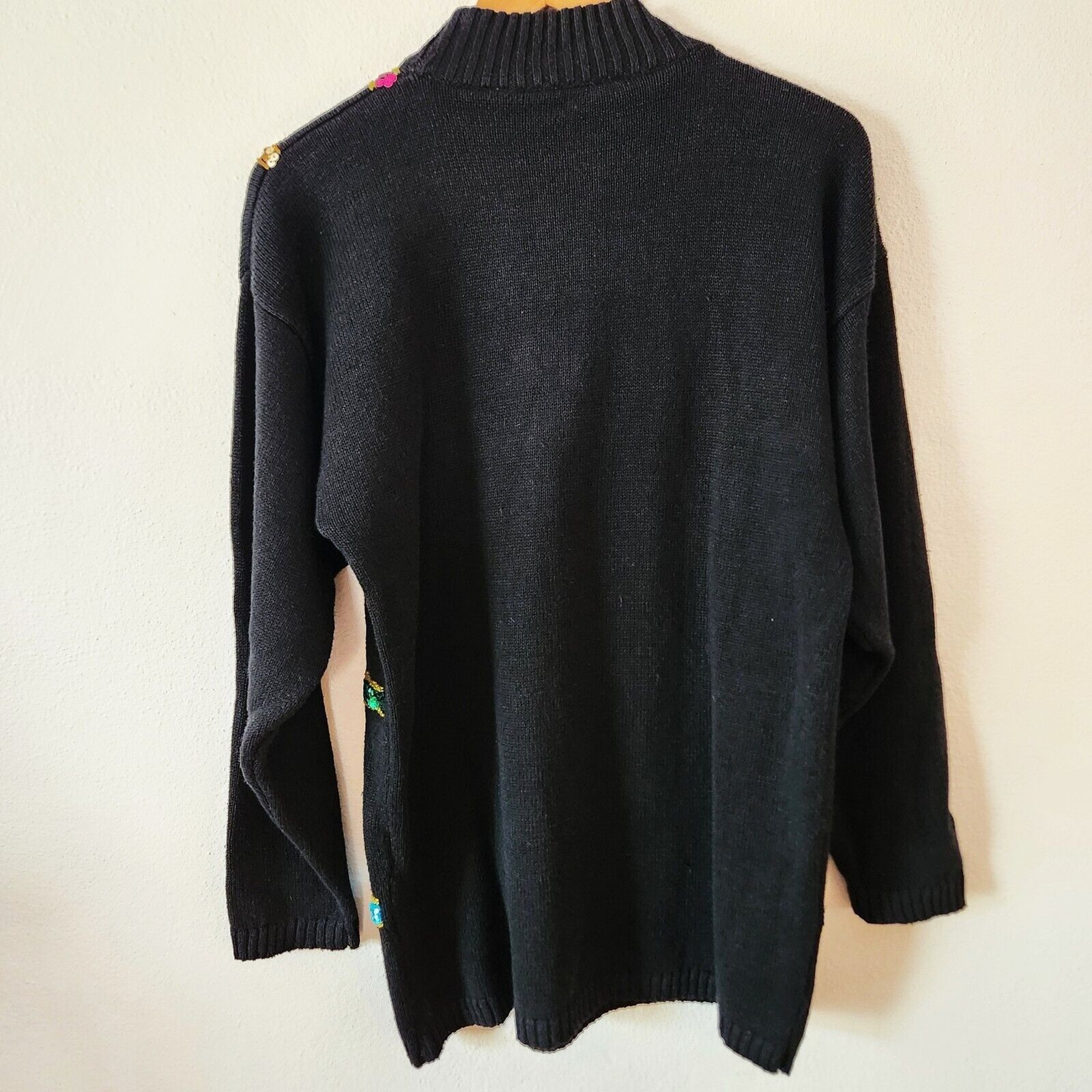 Vintage Cedars Black Embroidered Sequin Beaded Sweater Holiday Retro 80s Sz M