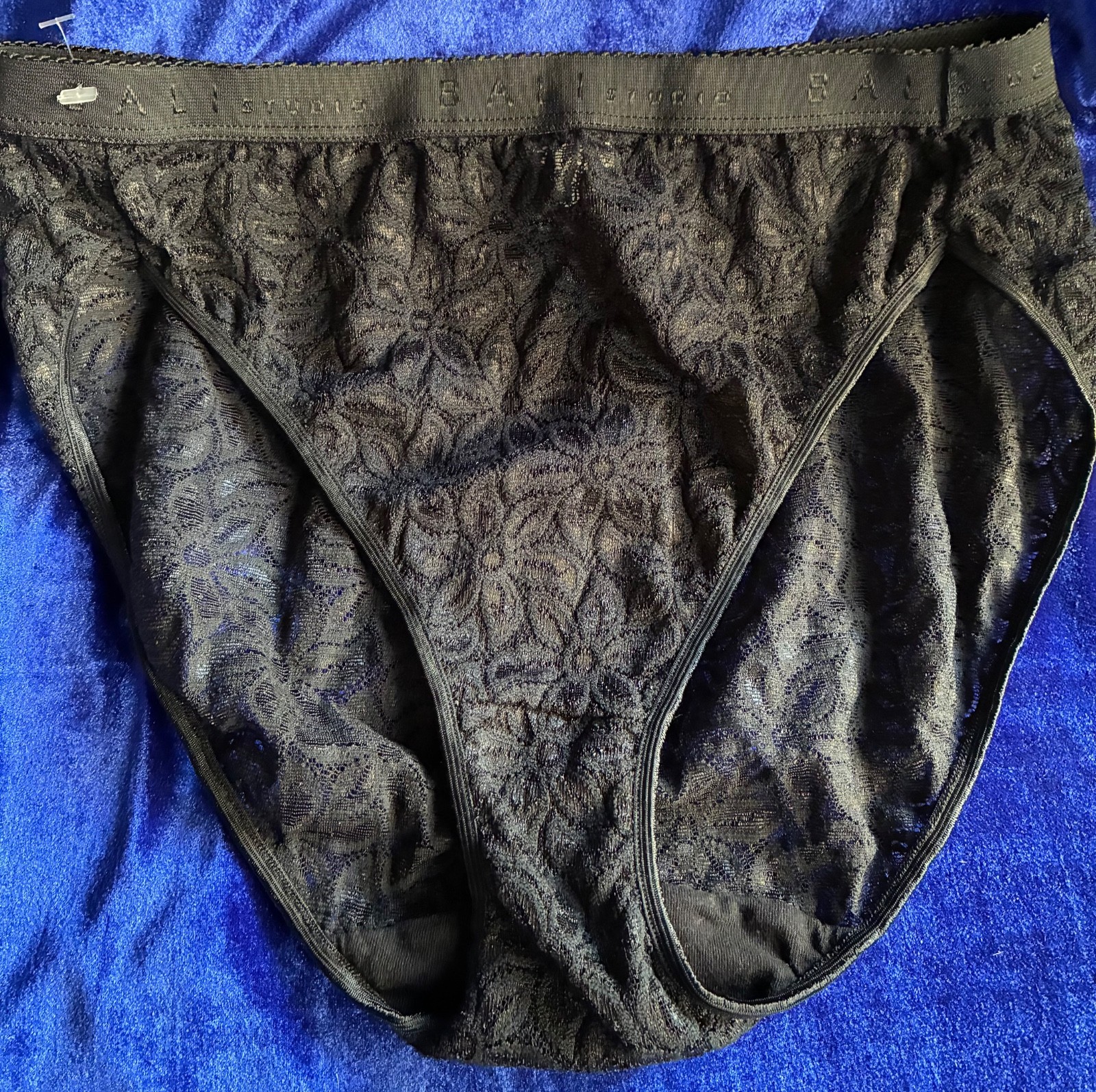 Vintage 90s Bali Studio black lace Print Panties Hi Cut Size 8 nylon spandex