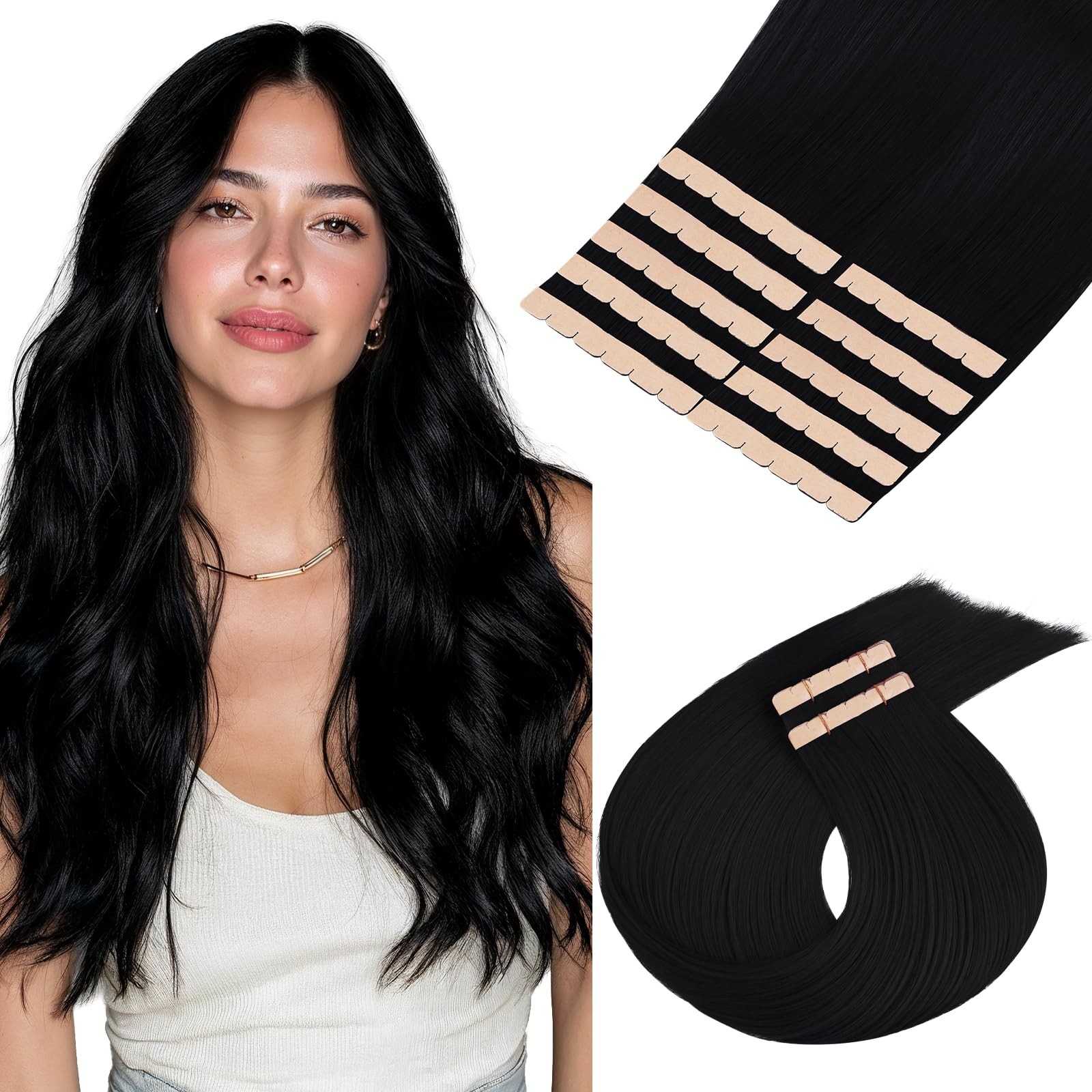 MAXITA Tape in Hair Extensions Human Hair 20 Inch 10pcs Jet Black 30g Mini Tape