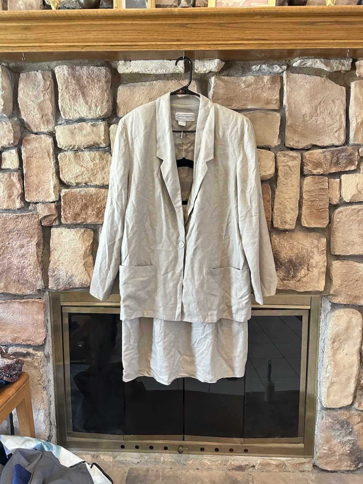 VTG 80s Investments Women’s Blazer/Skirt Set 2 Pc Secretary Tan Linen Rayon