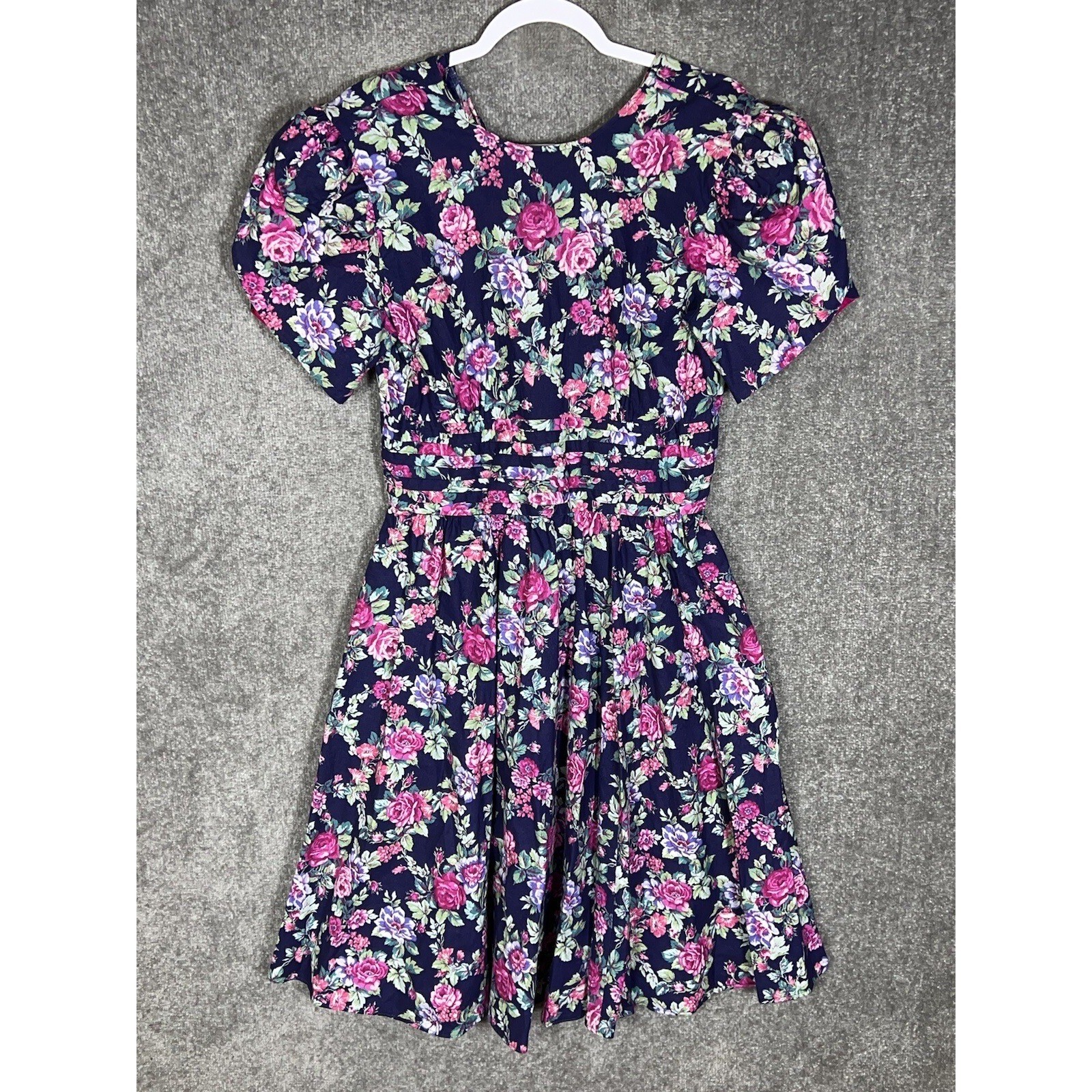 Positive Attitude Floral Dress Womens Size 13/14 Puff Sleeve Pockets Vintage USA