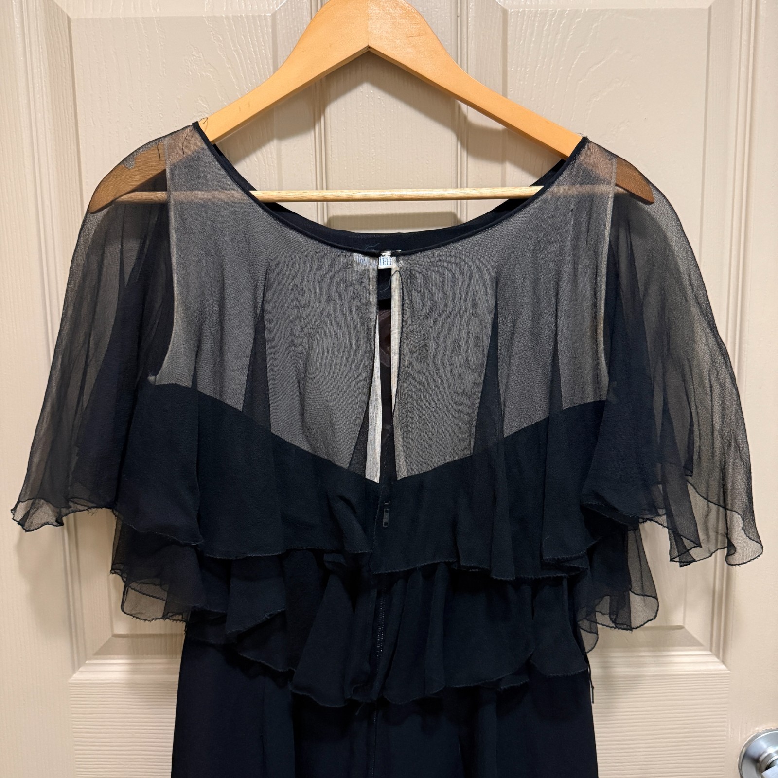 Vintage 60s Black Sheer Flutter Sleeve Cape LBD Sheath Cocktail Dress S/M