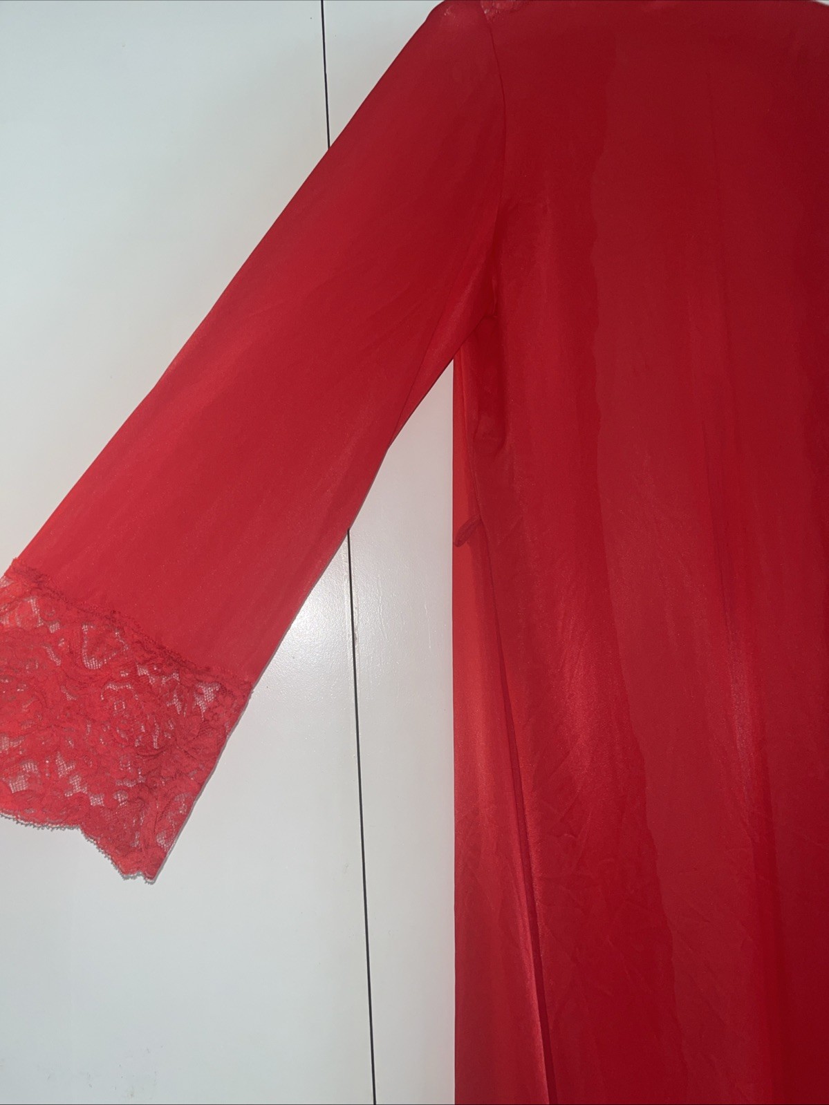VTG OLGA Red Satin Robe Lace Trim Medium Style 9702 Long Nightgown Peignoir