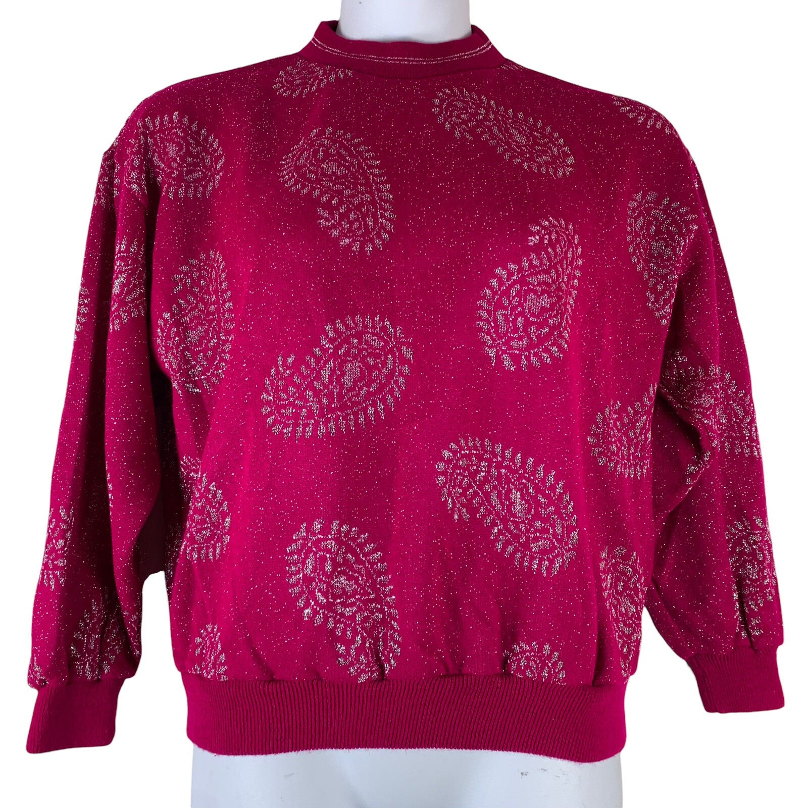 Vintage Sweater Pink Silver Metallic Paisley Print Made in Italy Size Large