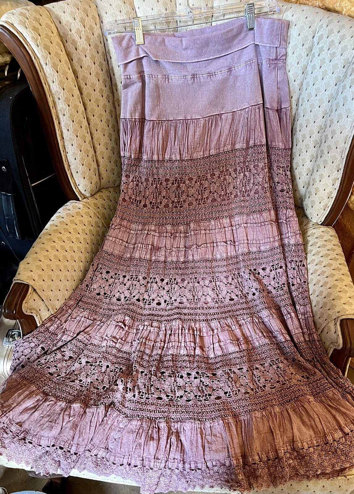 Vintage Noelle Cotten Skirt Elastic Waist Lace Faded Wine Size S/M 8/10