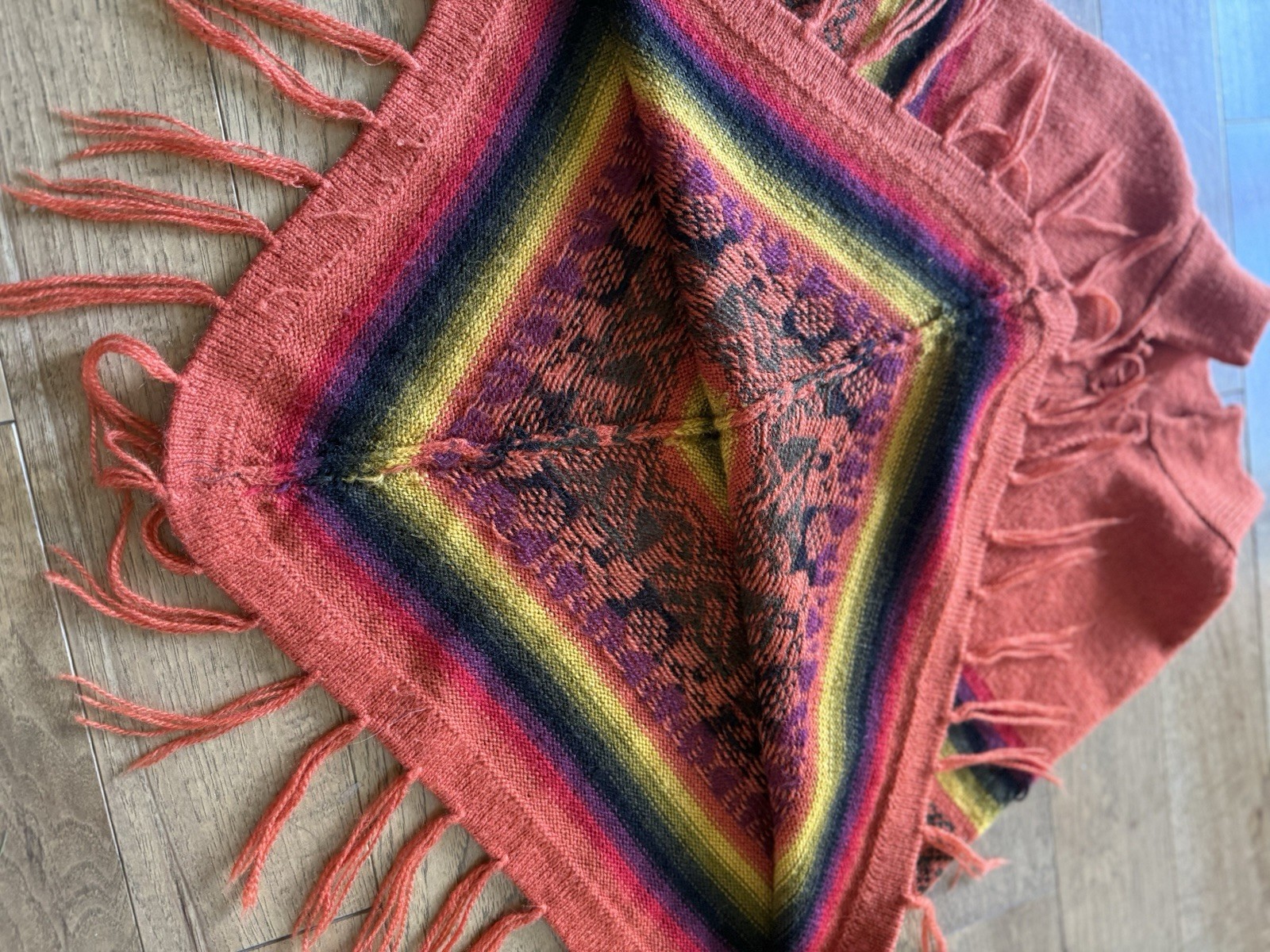 Hand Knit Alpaca Wool Andean Poncho Fringe Folk Textile Cape Southwestern VTG