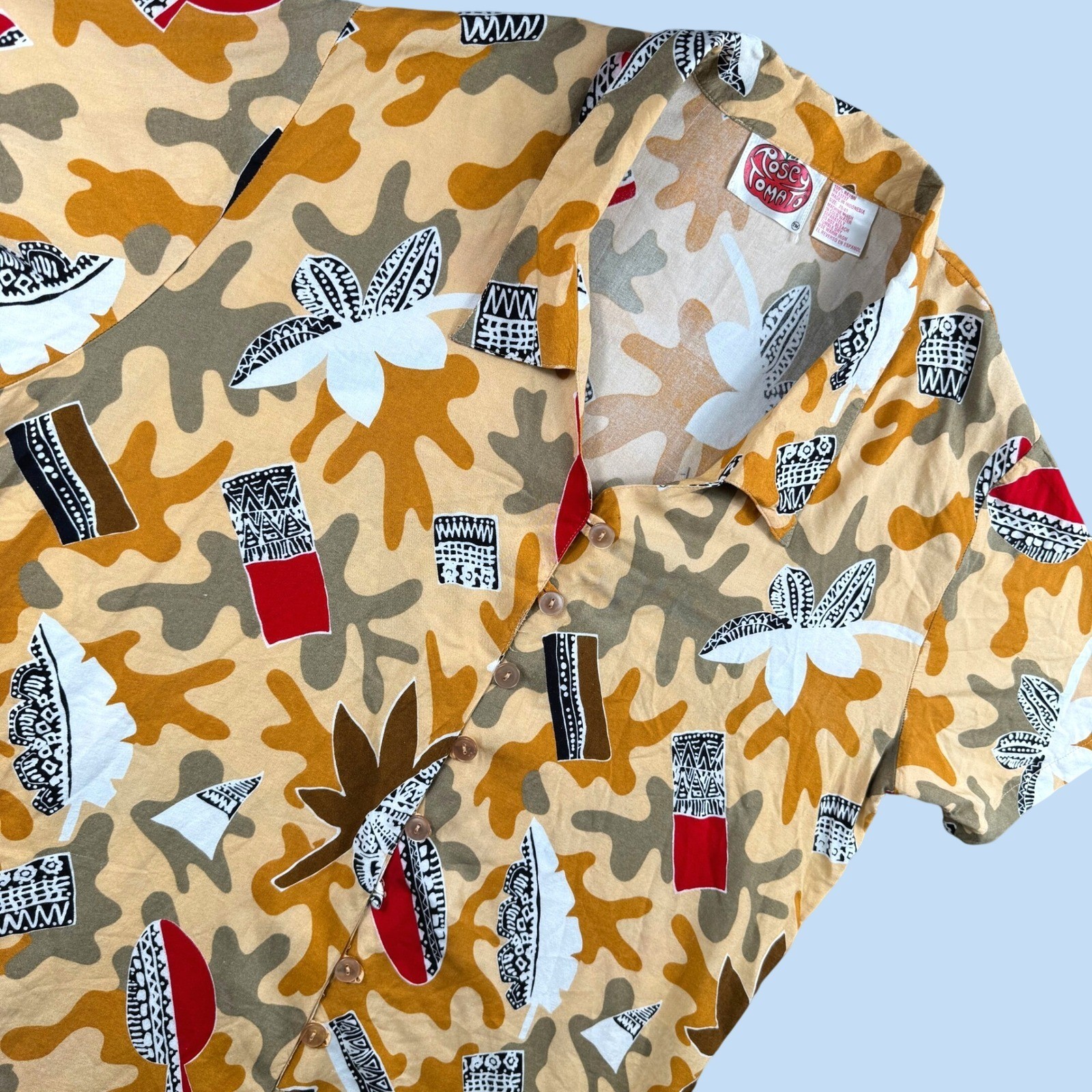 Vintage Rosey Tomato Hawaiian Shirt Women 20/40 Yellow Abstract Tribal 90s Tiki