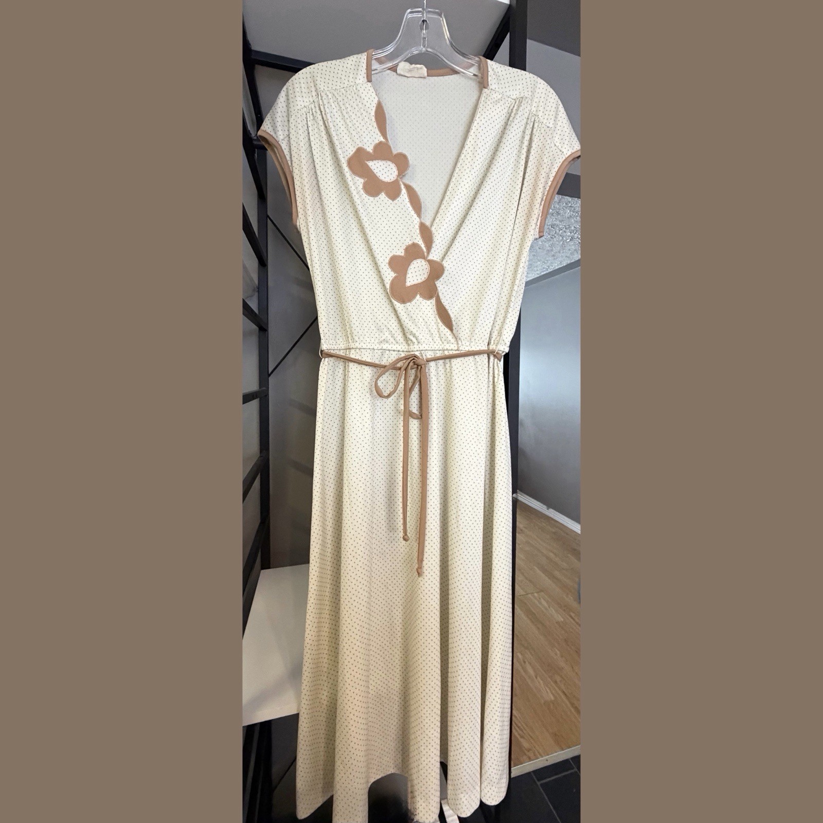 Vintage 1970s NANCY G Dress Polka Dot Floral Neckline Cream Tan