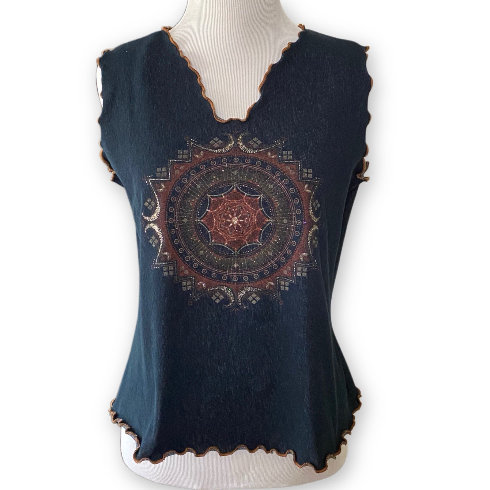 Fashion Bug XL Vintage Boho Mandala Sleeveless Lettuce Edge Hem Denim Blue Shirt
