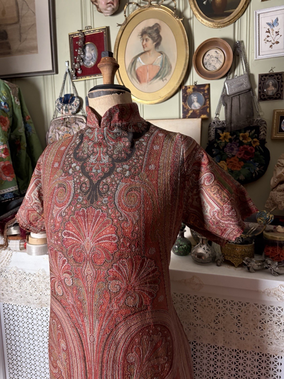 Vintage 1960s Qipao Style Dress, Victorian Paisley Shawl