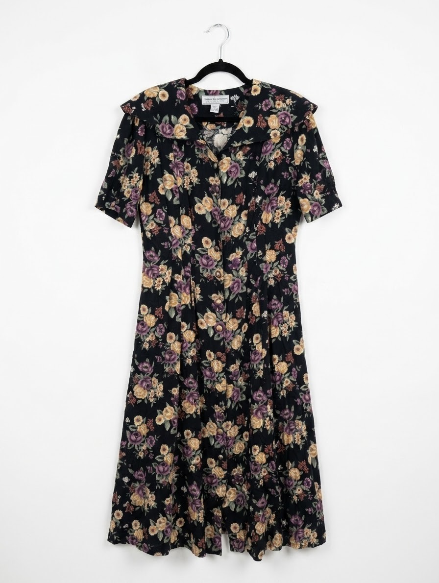 90s Maggie Lawrence Black Purple Yellow Floral Button Down Lapel Dress L