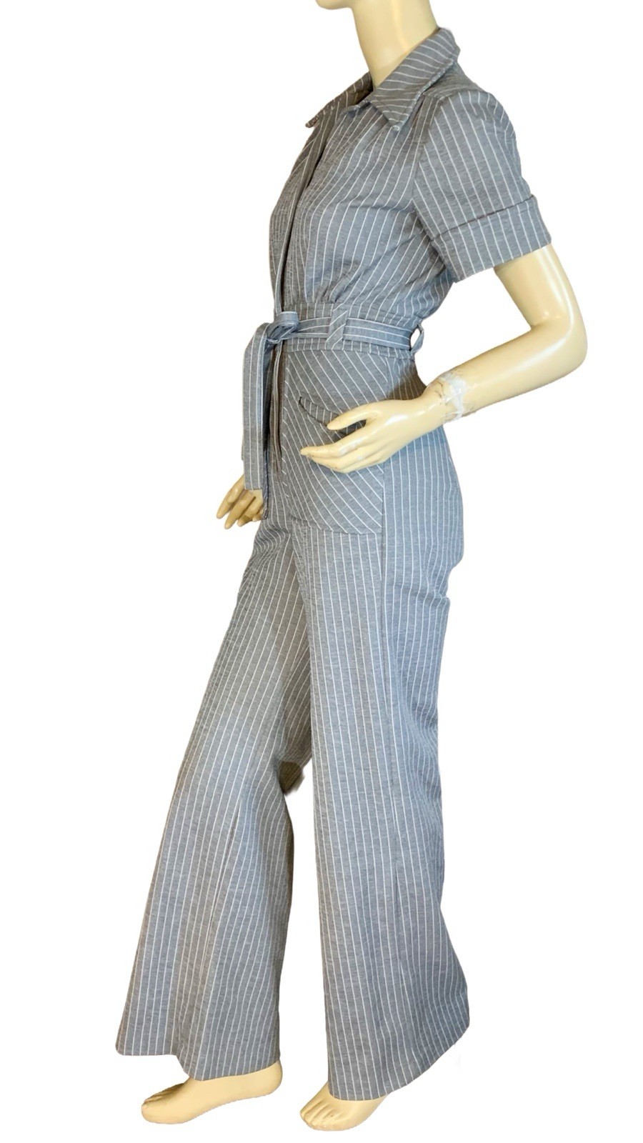 VINTAGE CIRCA 1970’S GRAY & WHITE UNION MADE PINSTRIPE BELL BOTTOM JUMPSUIT SZ S