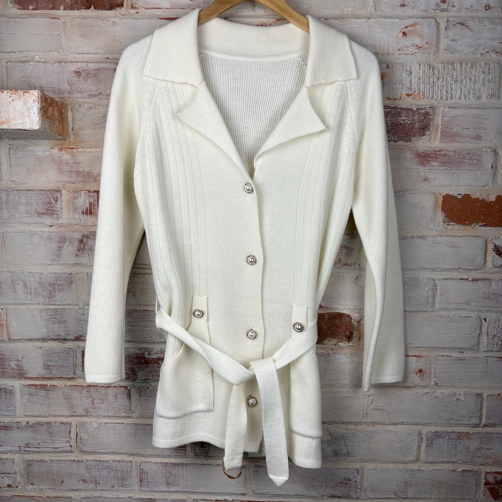 Vintage ’60s Cream Belted Knit Cardigan Pearl Button Quiet Luxury Coquette