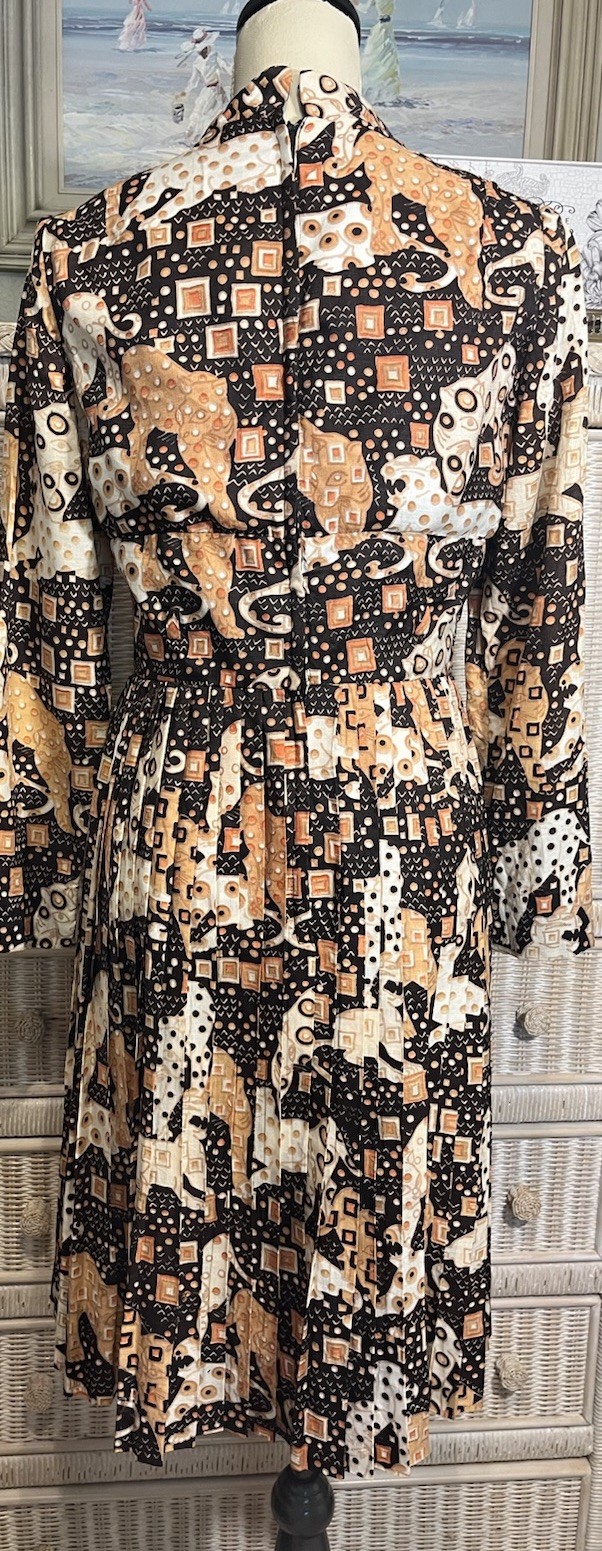 Vtg 1970’s Jaguars Psychedelic Print Dress S Mandarin Collar Pleated Skirt Union