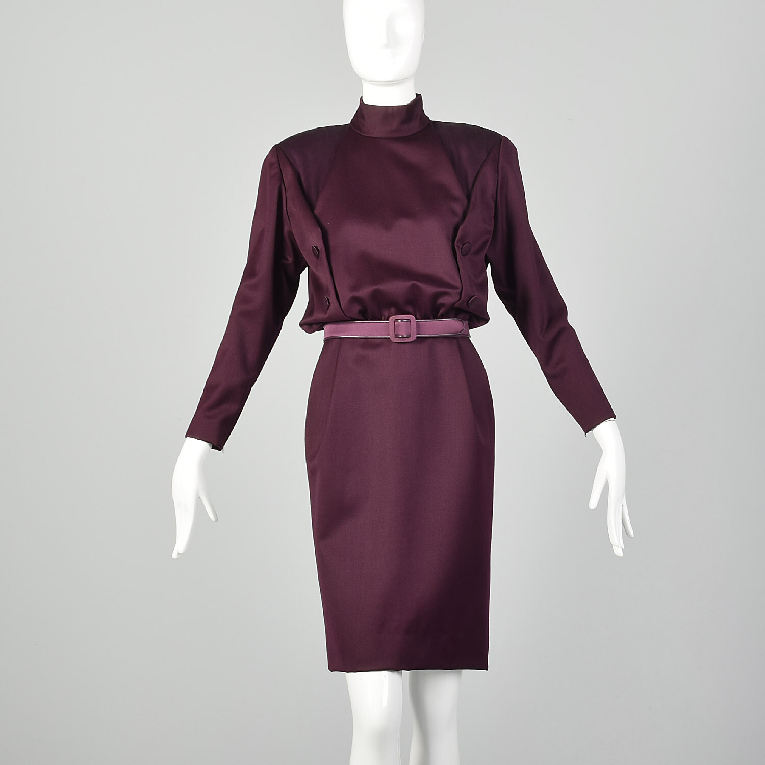 M Galanos Purple Dress 1980s Pencil Skirt Mock Neck Belted Long Sleeve 80s VTG