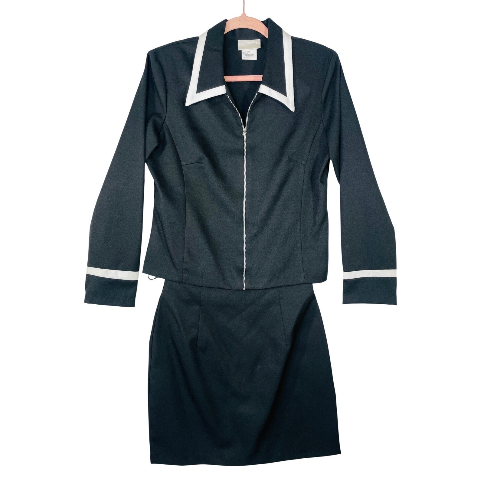 Maurices Vintage Black White Trim Zip Jacket Skirt Suit Set Size 11/12 Retro