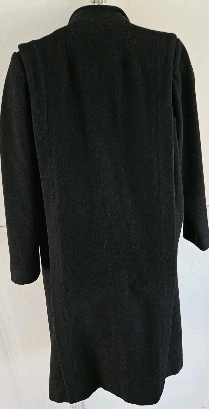 I. Magnin Womens Black Long Wool Coat Band Collar Side Button Sz 9/10 (M) VGUC