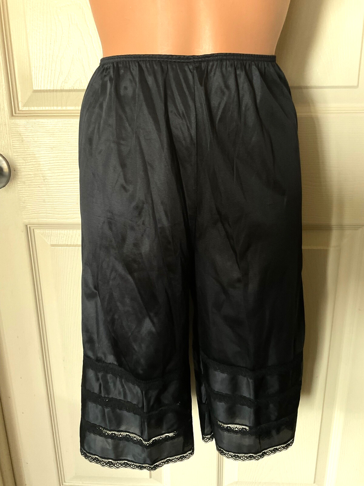 Vintage Sears Black Nylon Slip Bloomers Lace Panel Pettipants Lingerie Sz.Small