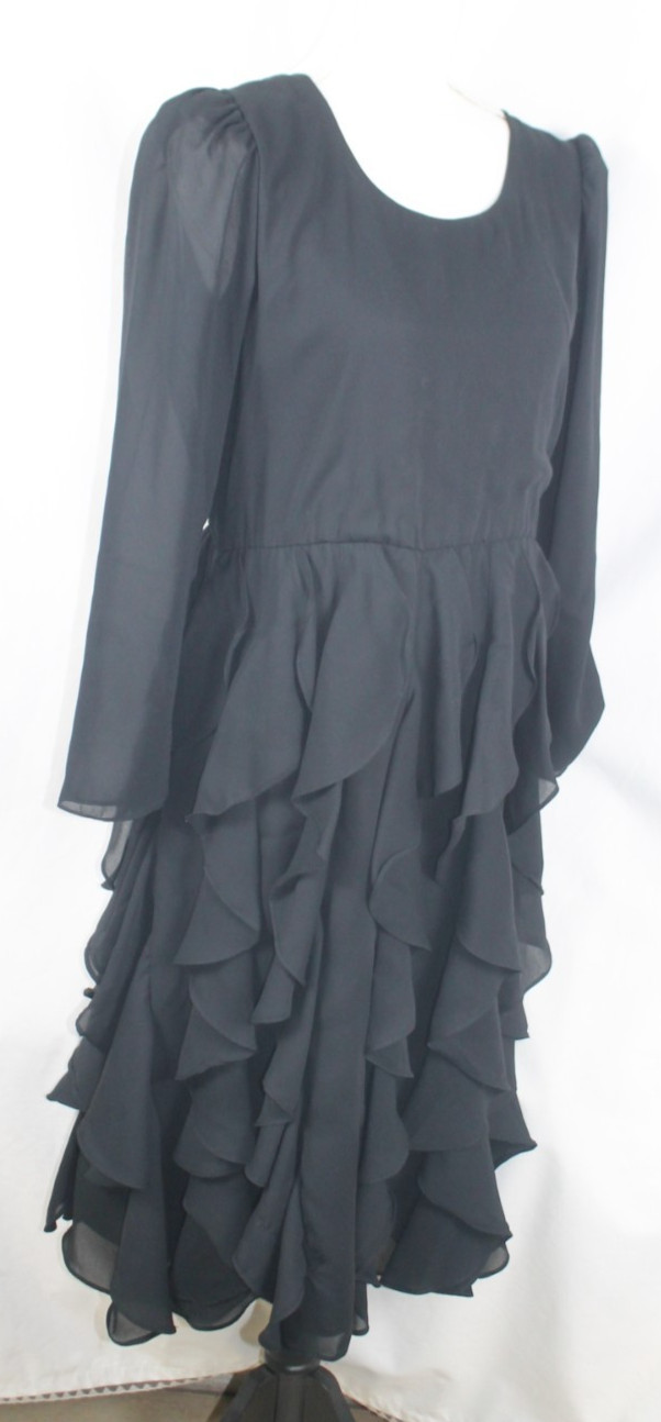 Claralura Originals Black Cocktail Dress 12 Midi Tiered Ruffles Gothic Wednesday