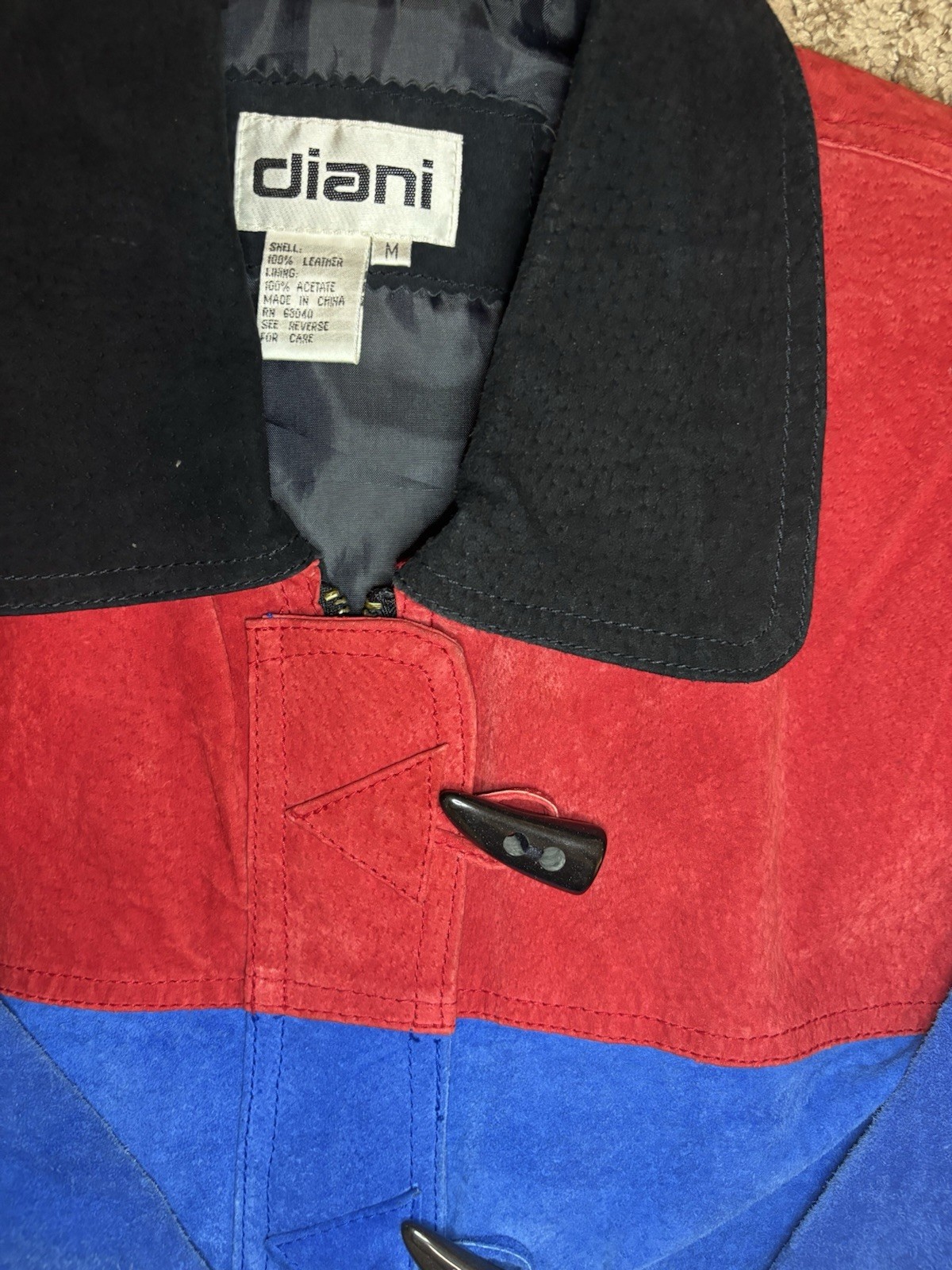 Vintage 80’s 90’s Diani Color block Suede Leather Toggle Coat With Zipper Med