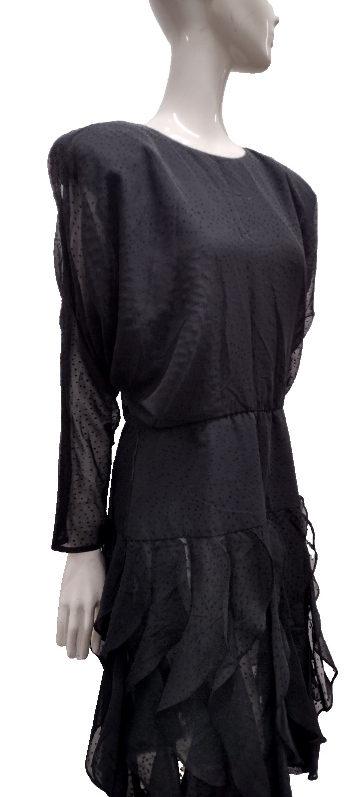 80s Batwing Sheer Chiffon Dress Black Flapper Scallop 80s Dolman Sleeves M/L