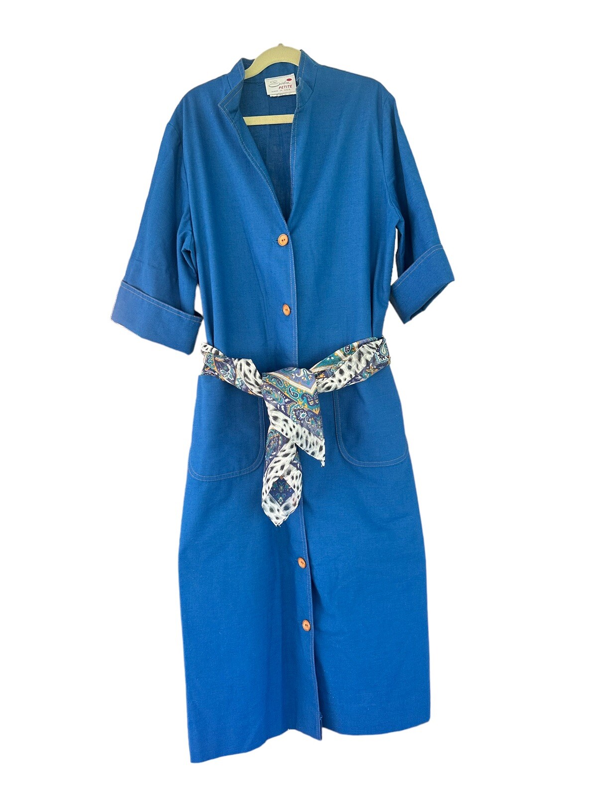 Vintage Serbin Petite Made In USA Maxi Button Dress Size 8 Pockets Blue 60’s