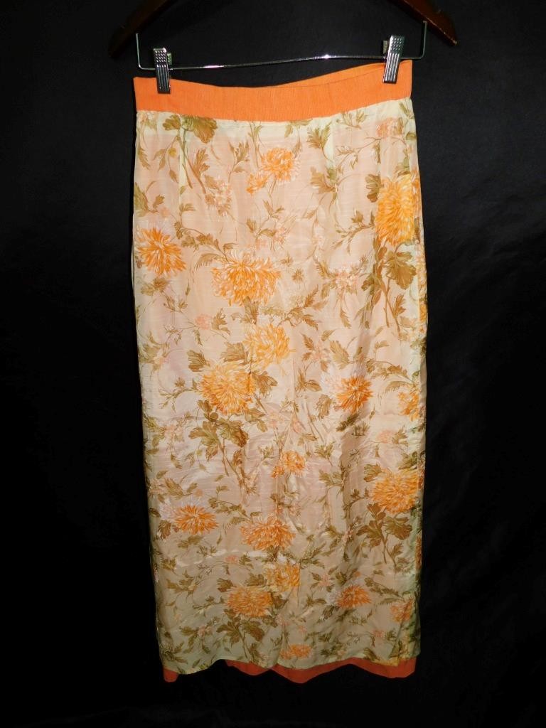 Vtg 70s S Orange A Line Maxi Skirt Button Front Cotton Floral Lined Cotton Long