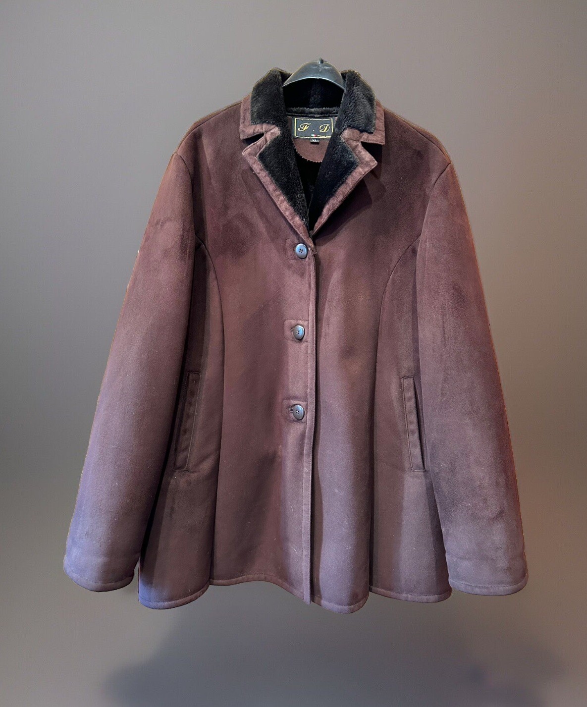 VTG Lambskin Fur Jacket Women’s XL Brown Suede Italian Vegan? Maker F.D Korea