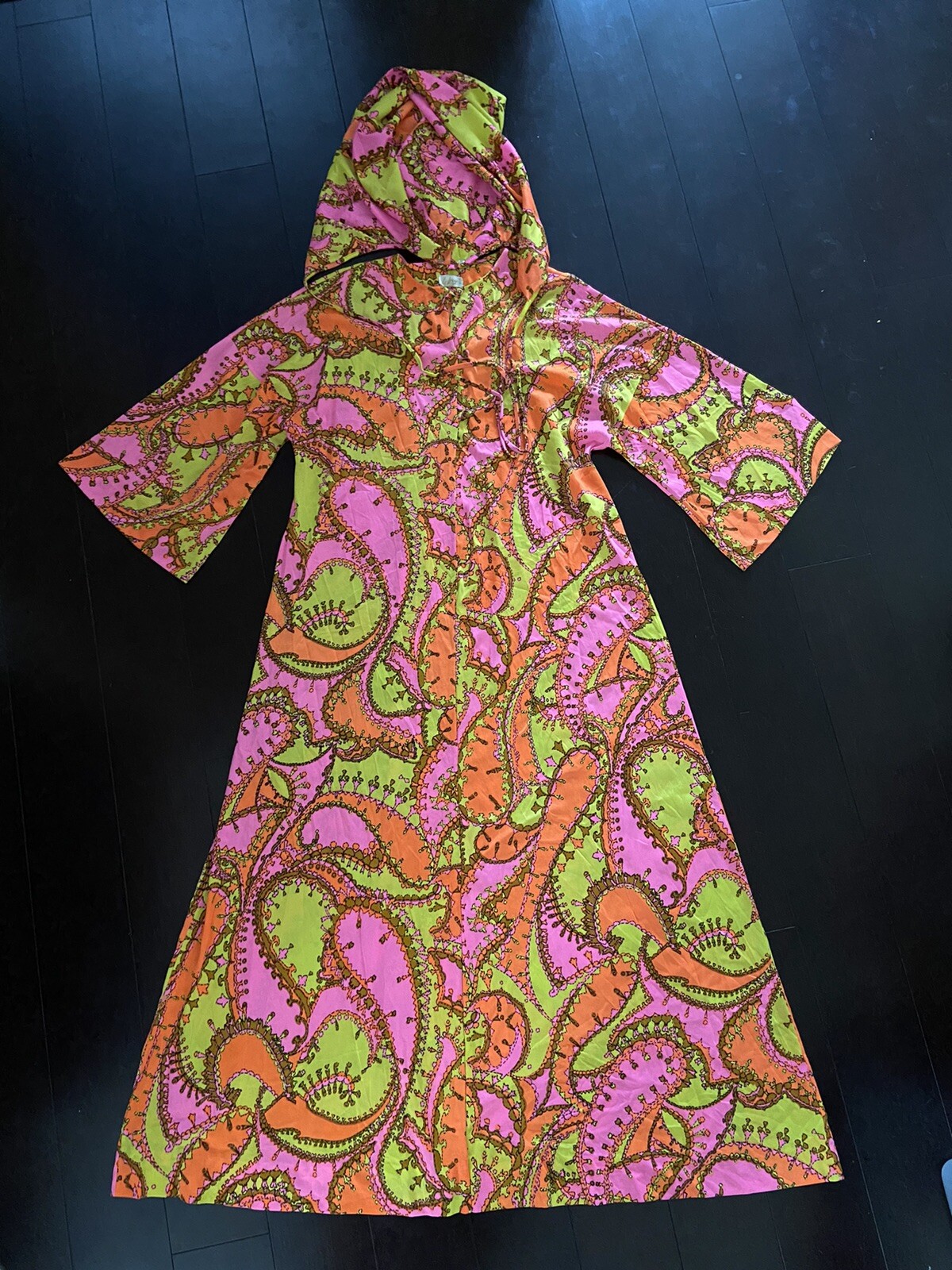Vtg Le Voy’s Sun Pool Robe Size L Detachable Hood Neon Hot Pink Orange Green