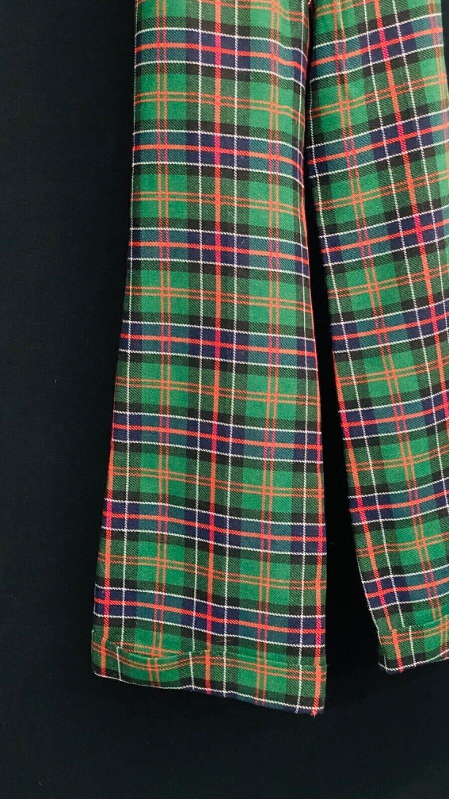 Vintage 1970s green plaid pants, wide leg red bell bottom high waist slacks
