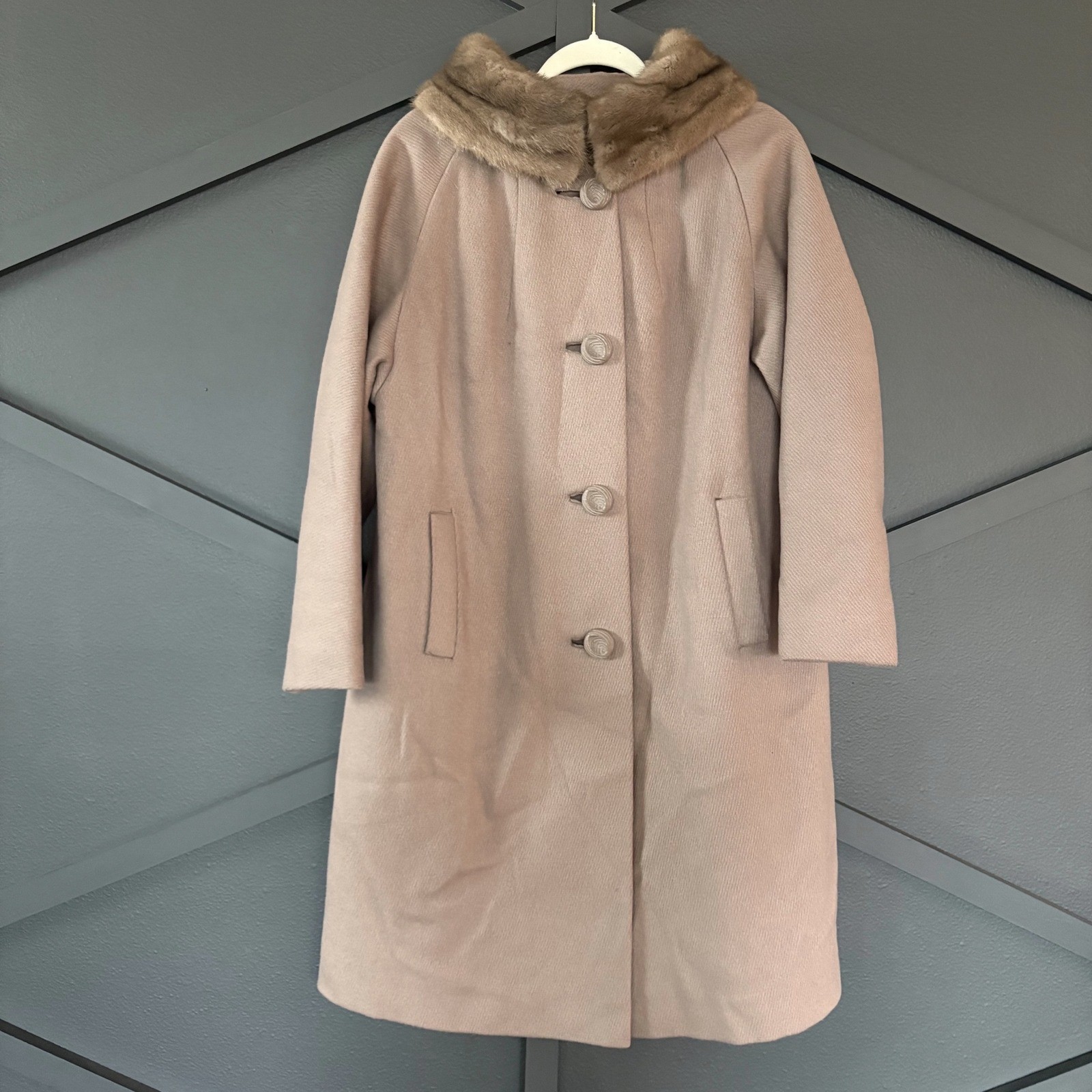 VTG Union Made Fur Collar Wool Coat Mauve Taupe 50s-60s Mid Century Mod Sz L/XL