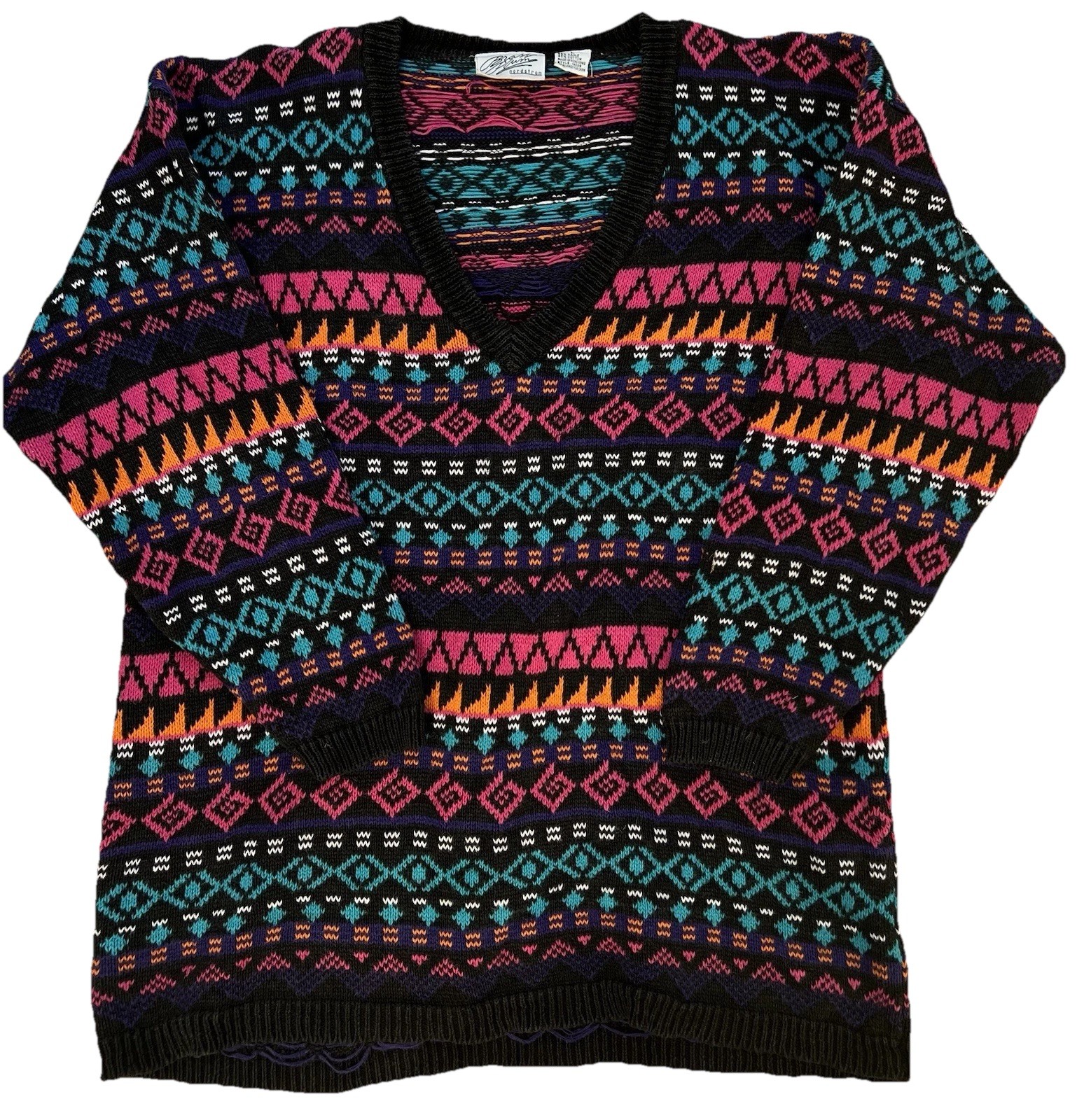 VTG Nordstrom Brass Plum Sweater Womens Size Large 80s 90s Bright Geometric Knit