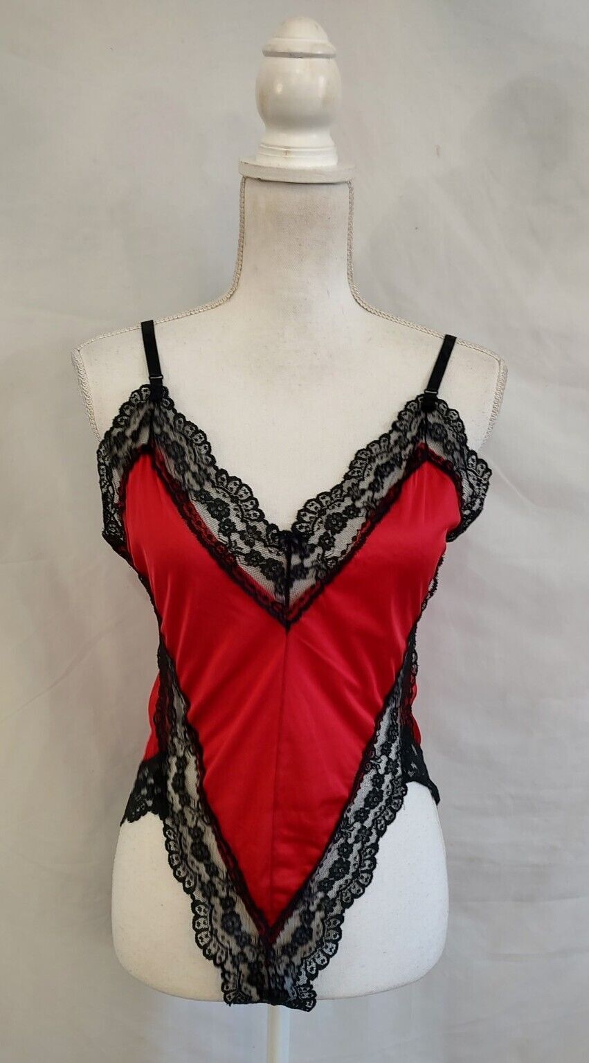 80’s Vintage Teddy Romper Red Nylon & Black Lace Super High Cut Leg Sexy Sz S