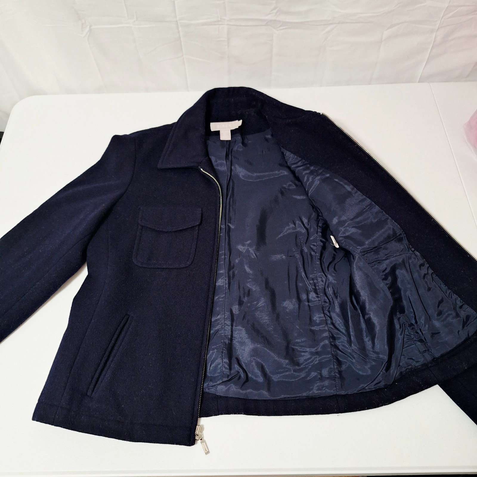 Vintage J. Crew Wool Blend Full Zip Jacket Blue Black Coat Womens Petite Small