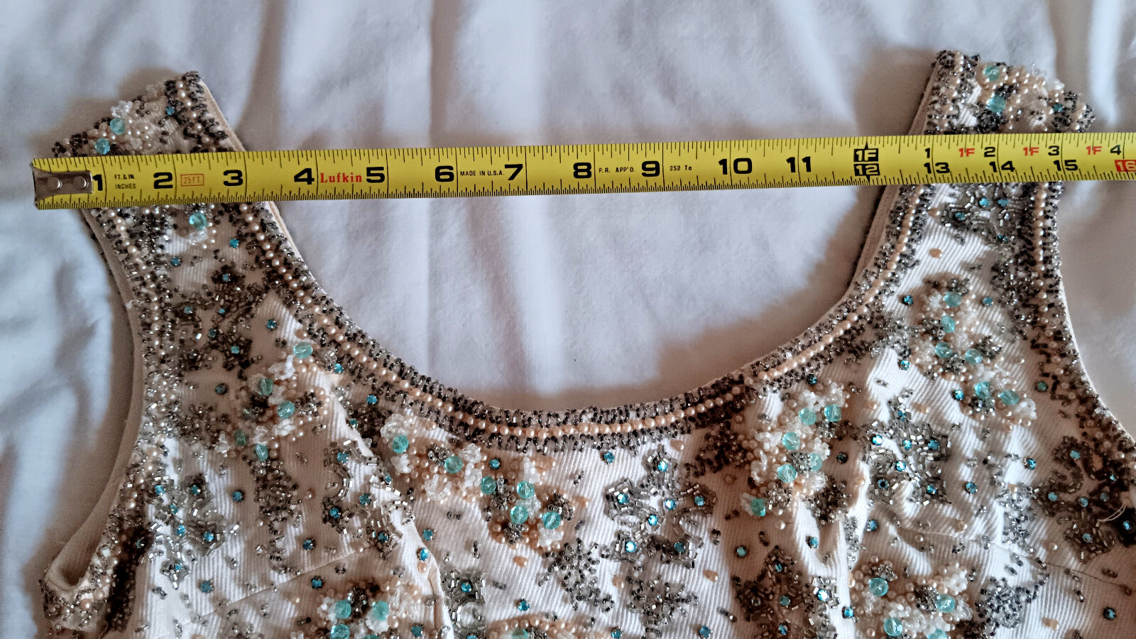 VINTAGE C. 1966 WOMENS TANK SHEATH BEADED TOP DRESS HANDMADE BLUE IVORY SZ M