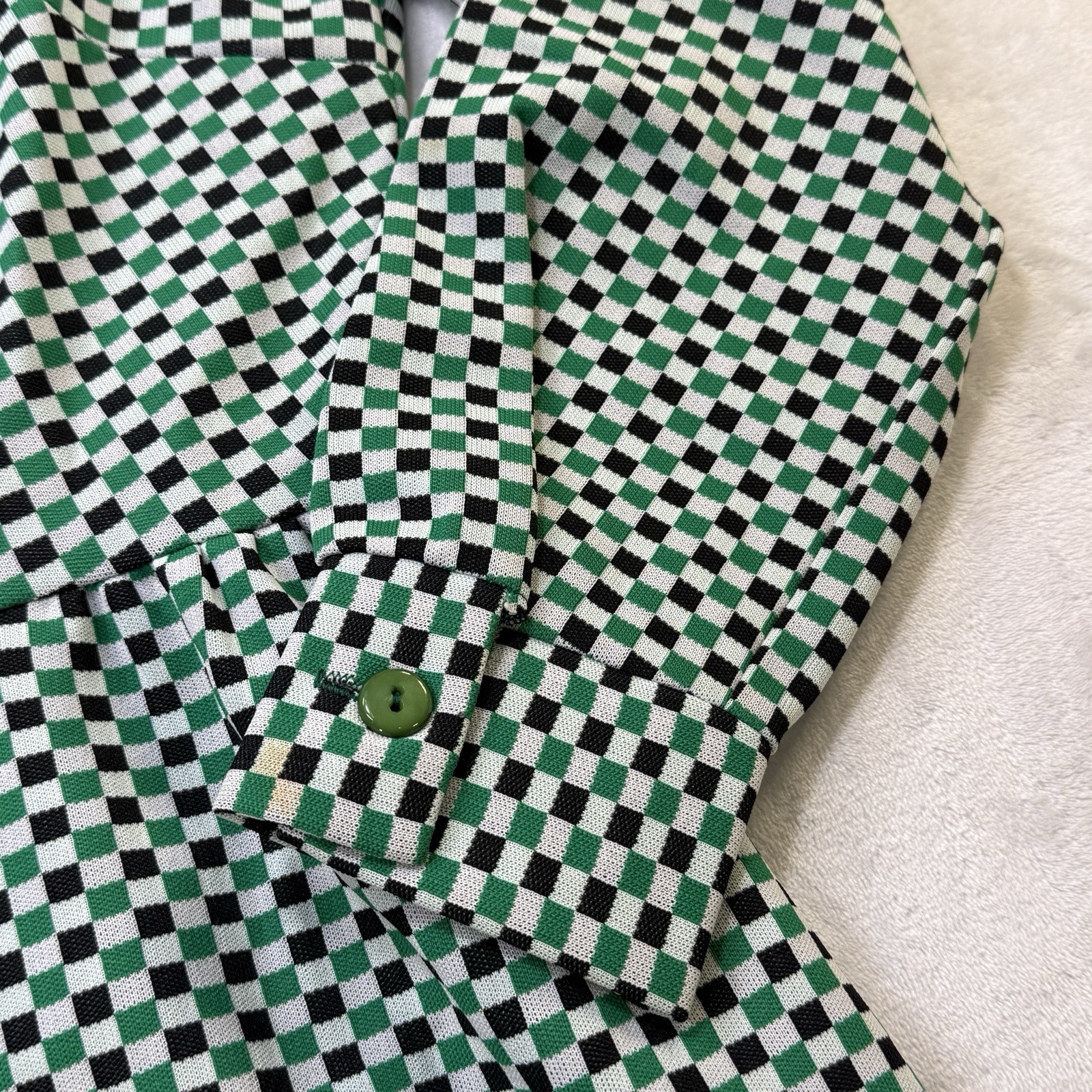 Vintage 70s Checkerboard Midi Dress Green Black Mod Disco Retro Boho