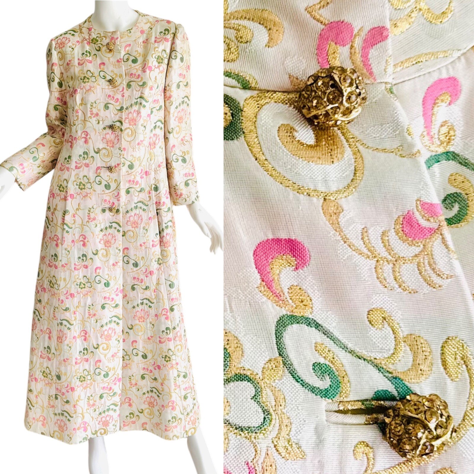 1960s Brocade Rhinestone Coat Wedding Evening Metallic Gold Lame Gown