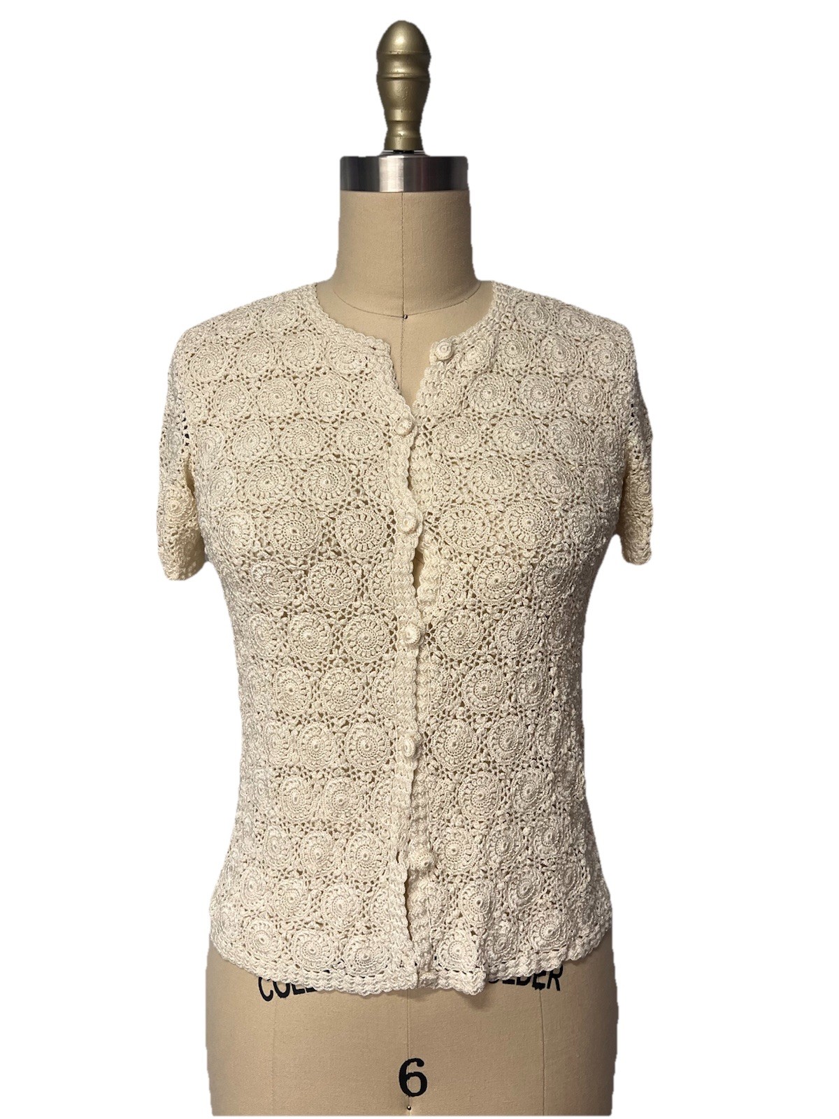 Vintage Hand Crocheted Button Up Sweater Blouse SZ S Cottagecore Boho Prairie