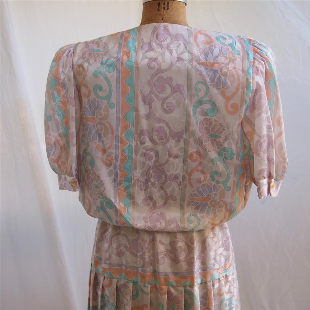 vtg 80s PERCEPTIONS Floral Pleated Skirt Elastic Waist Dress ILGWU Secretary 7/8