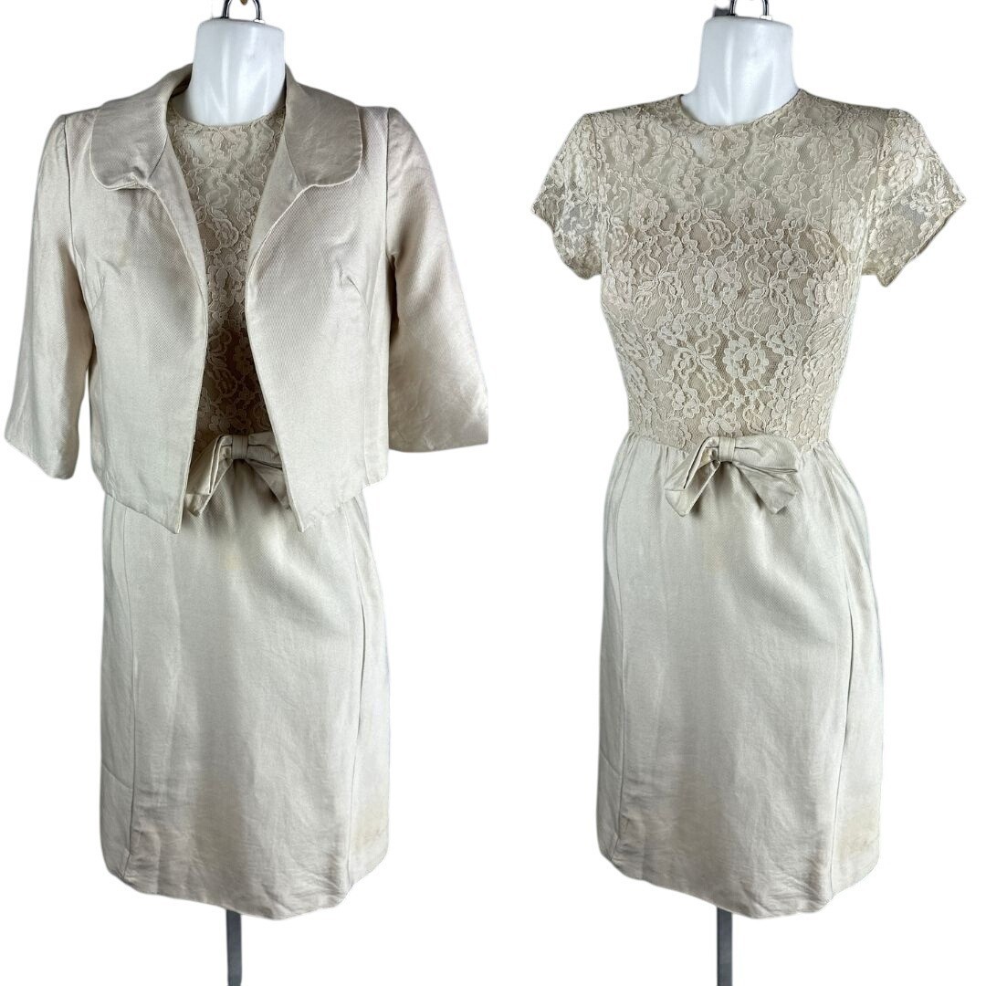 Vintage 60s Cream Lace Sheath Dress Jacket Set Bridal Mod Cocktail Mad Men Small