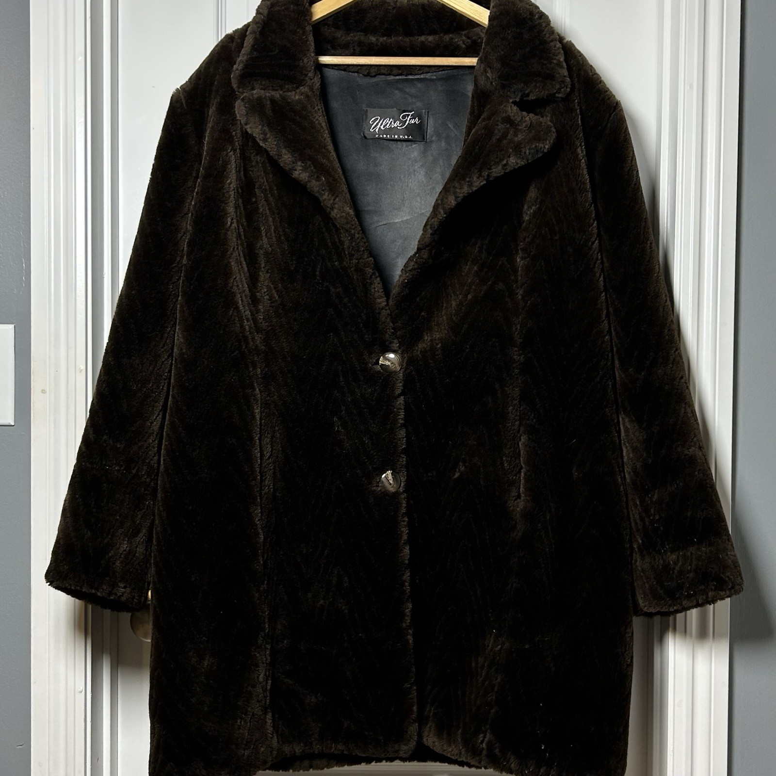 Ultra Fur USA Vintage 60s Chocolate Brown Satin Lined Faux Fur Midi Coat