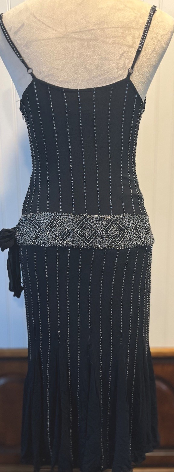 Papell Boutique Evening Black Silk Silver Beaded Cocktail Dress Flapper Gatsby 8